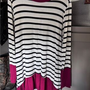Tickled Teal Black and White Striped Top with Pink Details